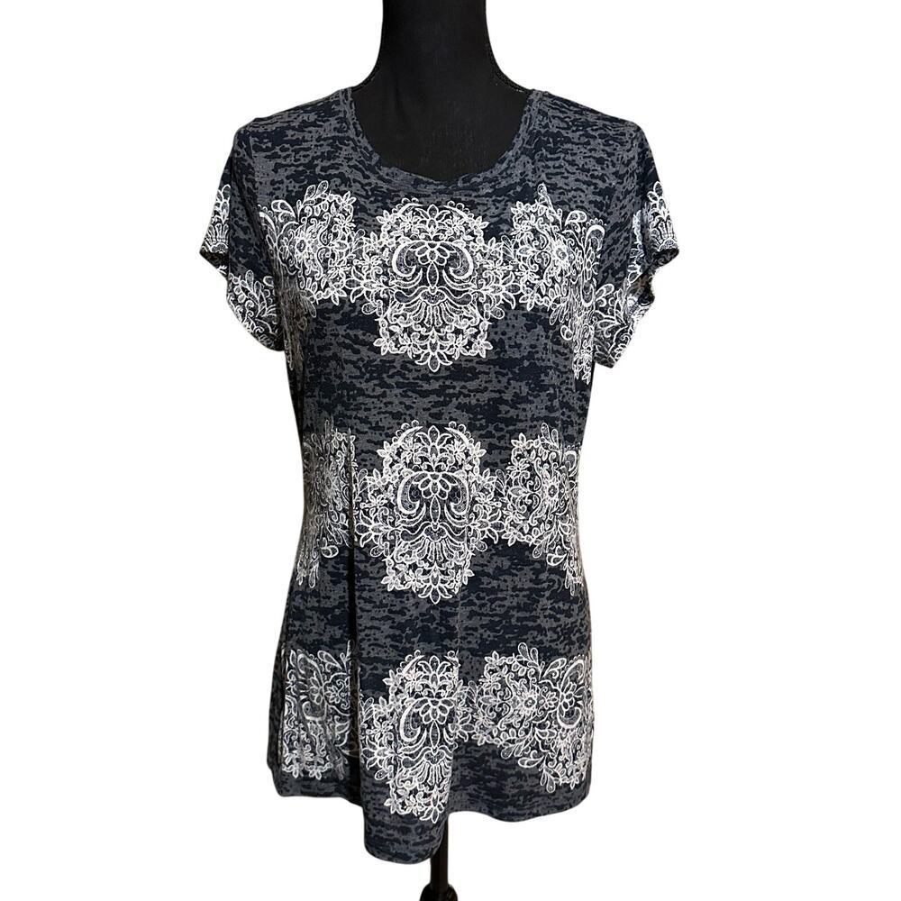 INC International Concepts Black and Gray Print Rhinestone Top Women's L Large